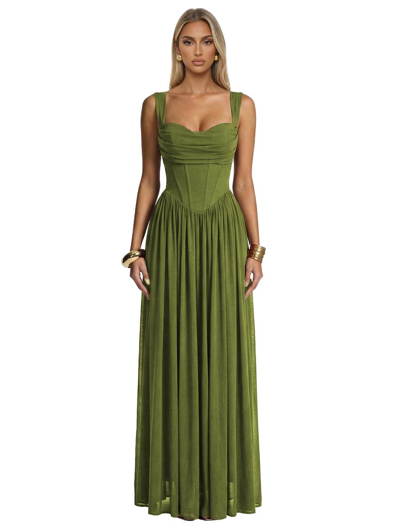 Curvysweet Cowl Neck Bridesmaid Dress for Women Sleeveless Built-In Bra A-Line Maxi Dress with Adjustable Straps Ruched Waist Elegant Evening Party Gown