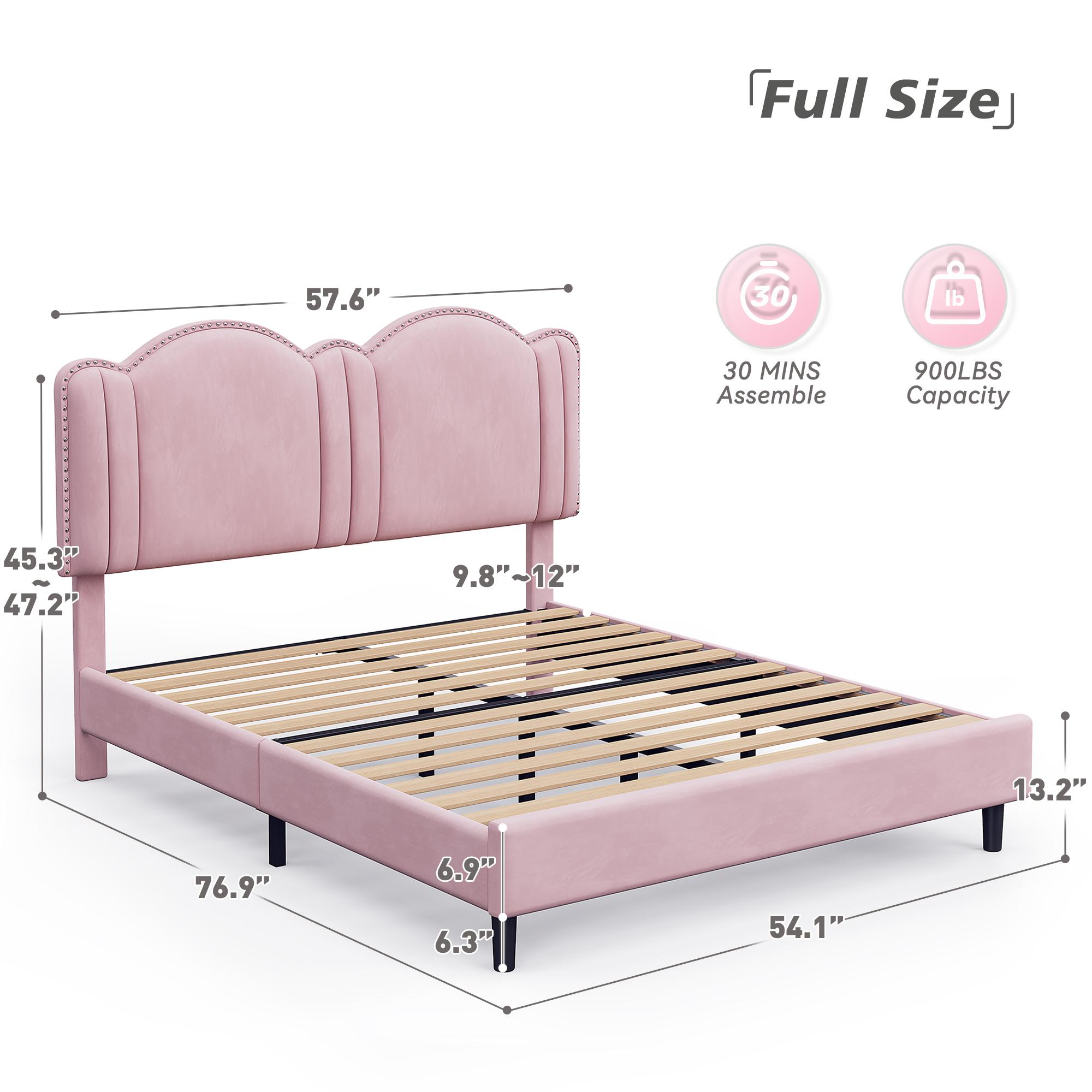Raybee Furniture Full/Queen Size Upholstered Bed Frame with Velvet Cloud Headboard, Pink Princess Bed Frames with Storage Drawer and LED, Headboard Height Adjustable, Strong Support, No Box Spring Needed, Easy Assembly [Black Friday]