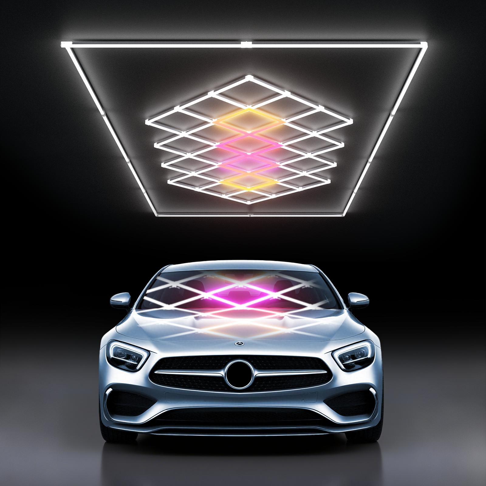 HYPERLITE Color Glow, Garage Lights, Honeycomb Design, Rectangle Frame Modular Lighting, LED Ceiling Light, 568W-624W 56800LM-62400LM, 6500K Bright White, for Garages, Workshops, Gyms, Studios,  Barber Shops, Decorative Spaces， SpringGlowUp