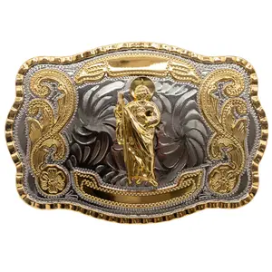 WMG Western St Jude Belt Buckle Gold Silver Saint Jude San Judas Cowboy Buckle Hebilla Vaquero Rodeo (Golden Buckles Faithful)