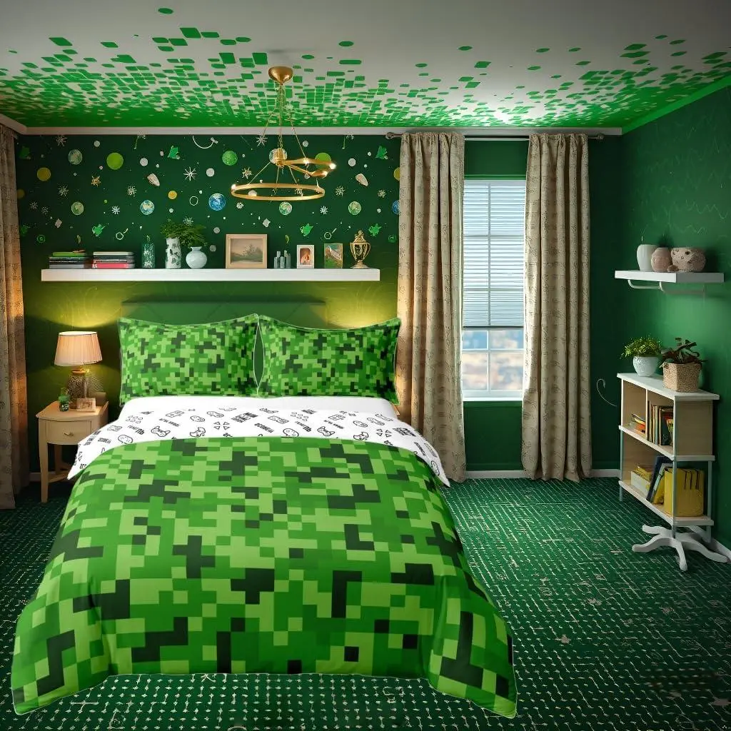 Green Pixelated Theme Gamer 100% Cotton Bedding Set Video Games Comforter Cover Set Bedroom Decor Cartoon Gamepad Duvet Cover (No Comforter)