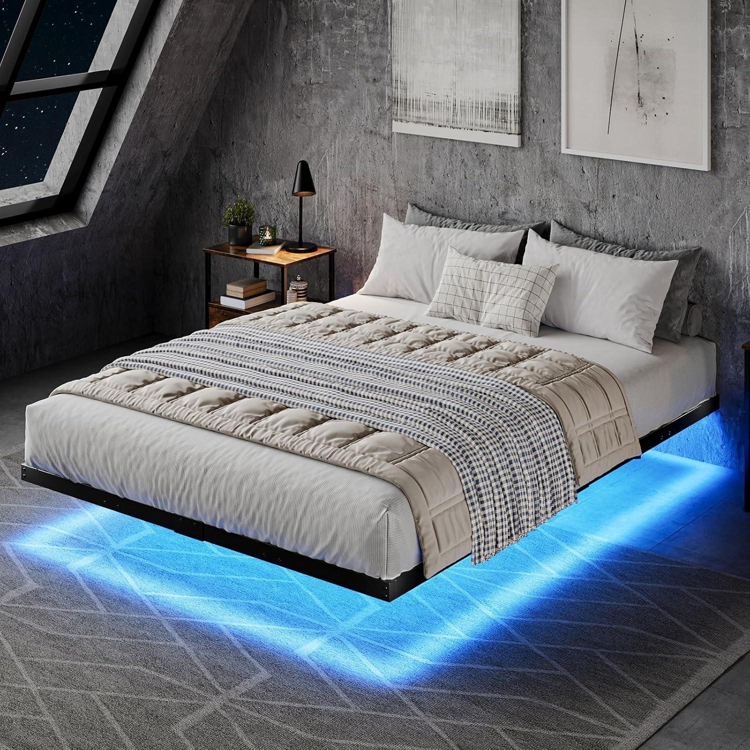 HOMBCK Floating Bed Frame with LED Lights,  No mattress, Metal Platform with Heavy Duty Steel Slats, No Box Spring Needed, Easy to Assemble