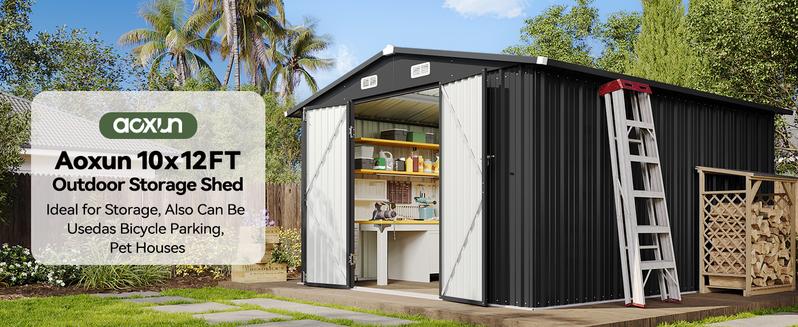 Aoxun Outdoor Metal Storage Shed with Base Lockable Door & Sloped Roof Weather Resistant Utility Shed for Garden Patio & Backyard Secure Practical