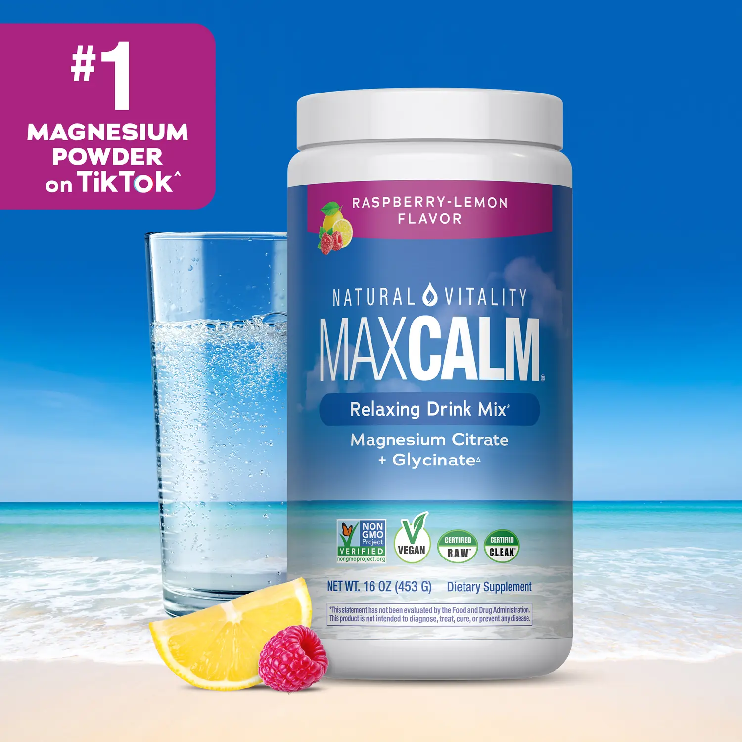 MaxCalm Relaxing Drink Mix - Anti Stress Drink Mix - With Ionic Magnesium Citrate + Glycinate - Raspberry Lemon Flavor - 16 oz (453 g) - 113 Servings