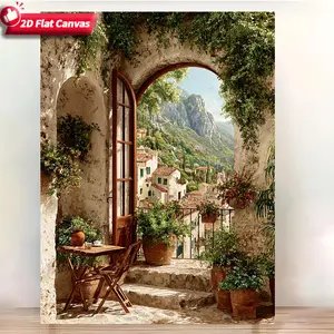 [2D Flat] 1pc, with Frame, 12x16inch Open Window with Rustic Tuscany View Painting Canvas Print, Tuscany Village Print,  Style Italy Decor, Perfect for Room Decor, (Framed Wall Art), 2D Flat, Perfect for Room Decor	