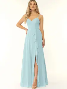 Azazie Naeem A-Line V-Neck Cascading-Ruffle Spaghetti-Strap Bridesmaid Wedding Guest Formal Dress