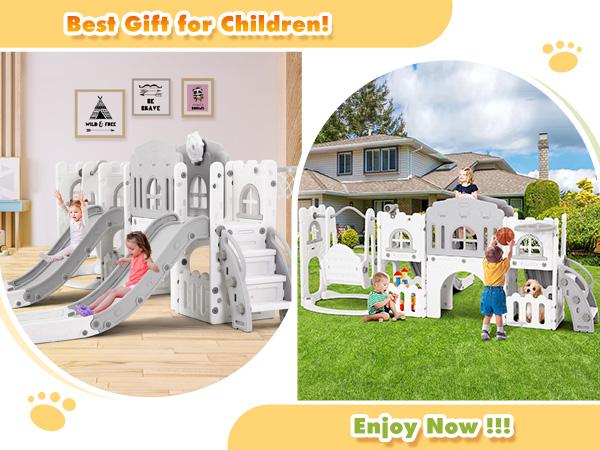 10 in 1 Toddler Slide Double Kid Climber Playset w Swing Basketball Hoop Telescope Tunnel Storage Space Non Slip Steps Indoor Outdoor Backyard Playground Toy for Toddlers