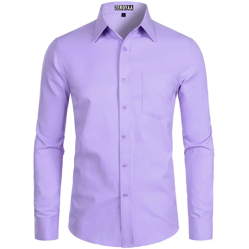 Zeroyaa Men's Long Sleeve Button Up Shirts Solid Slim Fit Casual Business Formal Dress Shirt with Pocket Menswear Korean summer outfits men funny shirts Top Thin Soft Plain