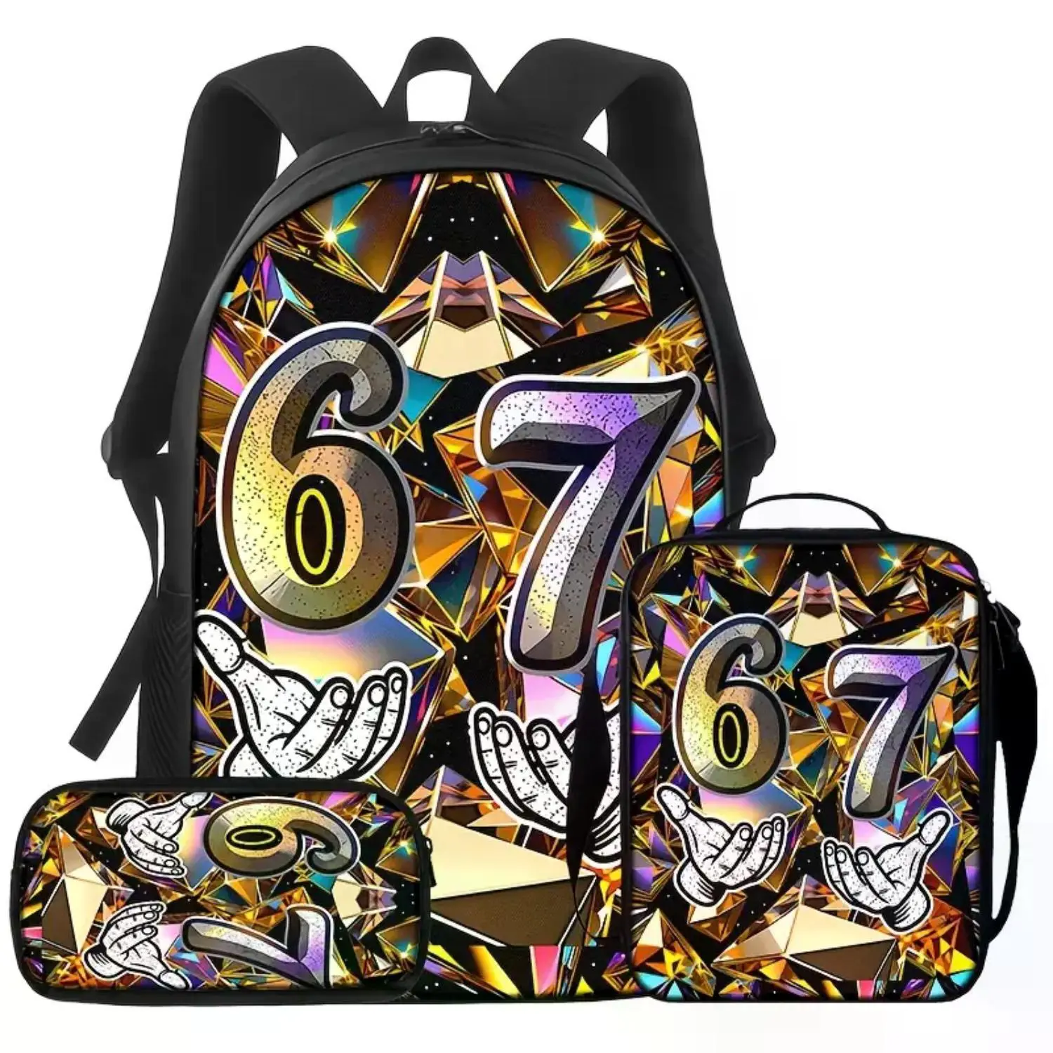 Shiny Gold Geometric Number 3-Piece Backpack Set for Kids: Includes 6 and 7 Crystal School Backpack, Lunch Bag, and Pencil Case - Trendy Cartoon Design, Perfect Back-to-School Gift
