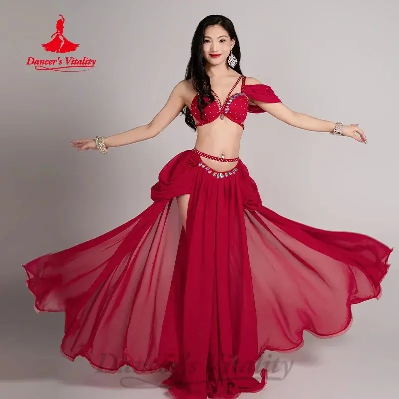 BellyDance Costume for Women's Senior AB Stones Bra+Chiffon Long Skirt 2pcs Oriental Dancing Professional Performance Outfit