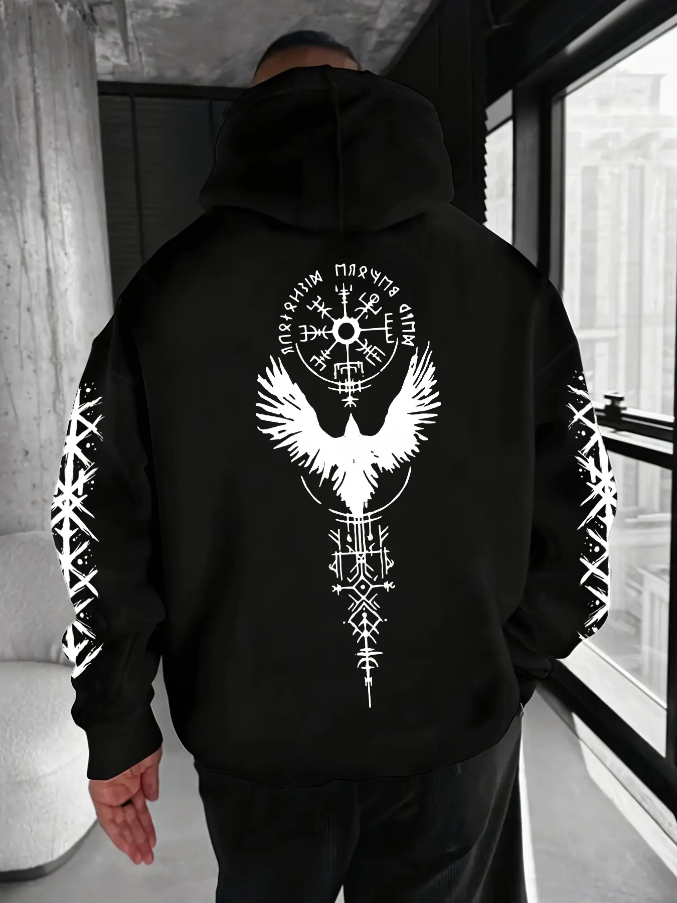 Norse Viking Rune & Eagle Graphic Hoodie, Unisex Pagan Edgy Streetwear Oversized, Fitted Hoodie, Nordic Myth Aesthetic Apparel, Comfortable Fleece Casual Hoodie, Black Sweatshirts