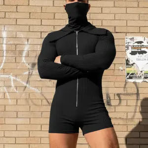 INCERUN Men's Fall/Winter Cyber Y2K Romper Jumpsuit Hooded Mask Ribbed Bodysuit Front Zipper Shorts Streetwear
