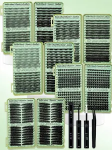 Cluster Lashes Book Kit, 640PCS/384PCS Lash Clusters D Curl Mixed 10-16mm Mega Volume Individual Lashes Wispy Lashes, 4 Styles In One Tray, Kit With BOND&SEAL And Lash Applicator For DIY At Home, Beginner Friendly