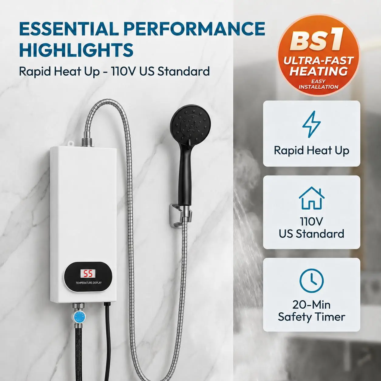 3500W Tankless Water Heater with Shower Head, Instant Hot Water, LCD Temperature Display, Compact Electric Heater for Bathroom Kitchen RV, Easy Install 110V#SummerVibes