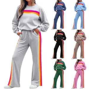 Oversized Rainbow Stripe Hoodie Set|     Cozy Two-Piece Outfit|     Must-Have Comfort Wear|     Rainbow Stripe Hoodie Pants Set|Angel Stripe Ribbon for Casual Sports