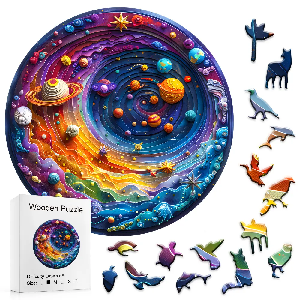 3D Round Layered Build DIY Wooden Jigsaw Puzzle Game - Celestial Theme Fuels Space Curiosity, Vibrant Planets, Swirling Nebulae - Ideal for Space Lovers, Art Enthusiasts