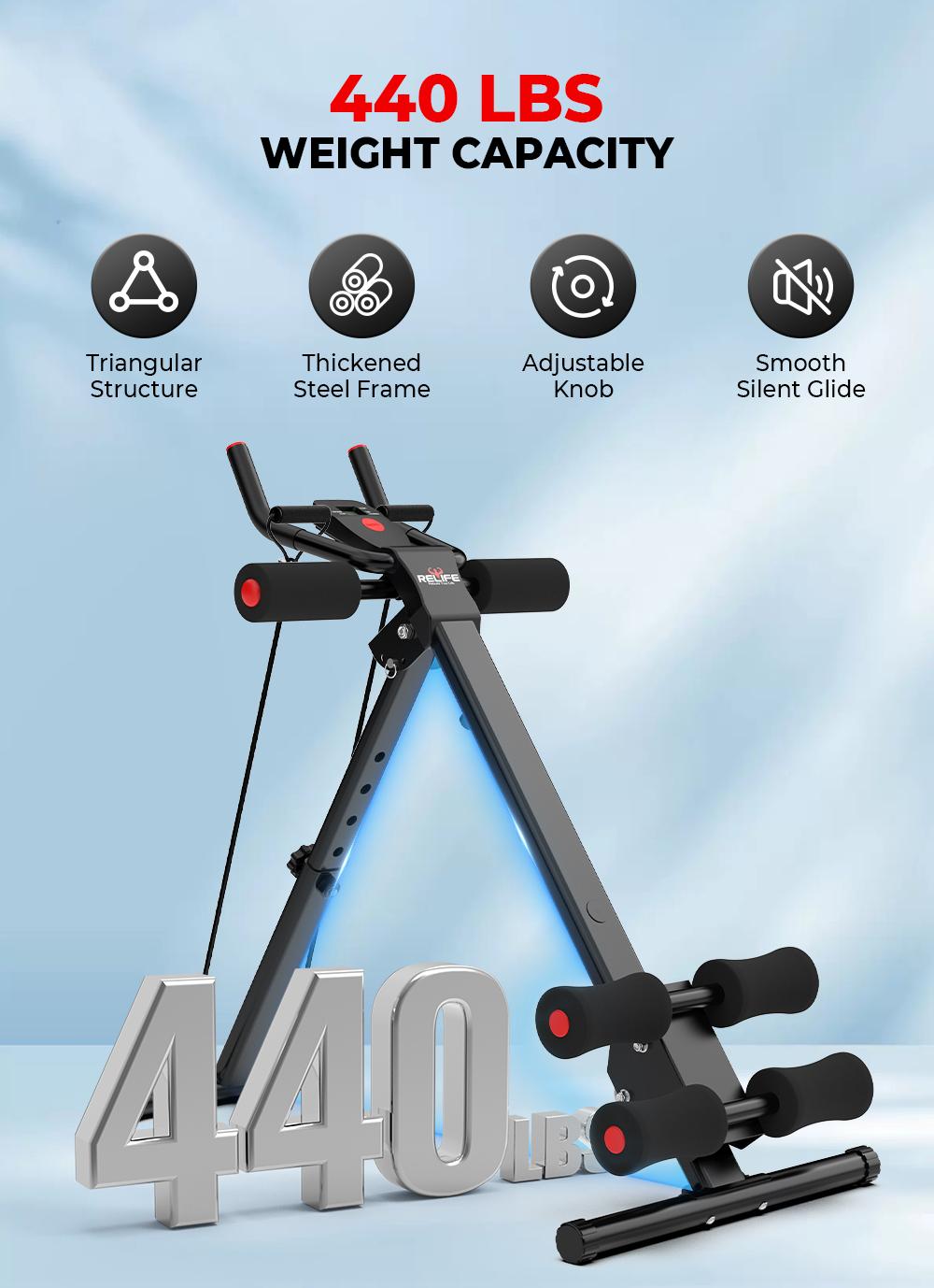 RELIFE REBUILD YOUR LIFE Ab Machine and Core Trainer, Adjustable Heavy-Duty Steel Workout Equipment for Abs, Foldable At Home Gym Equipment with LCD Display, 440 lbs Capacity, Abdominal Core Equipment, Exercise Equipment