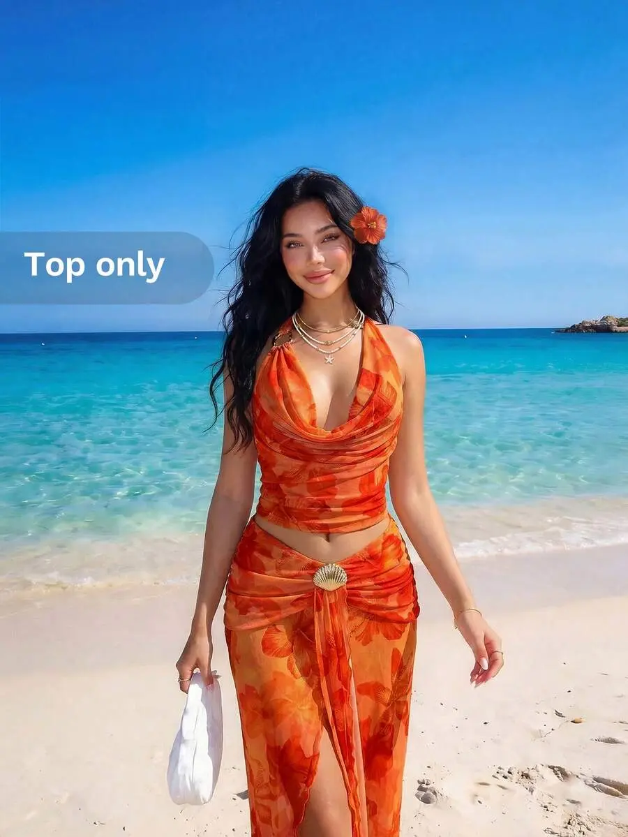Vacation Sexy Floral Print Asymmetric Metal Decor Women Tank Top