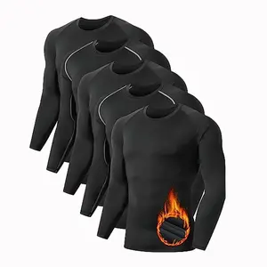 5 Pack Fleece Lined Men's Thermal Compression Shirt Long Sleeve Athletic Base Layer Cold Weather Gear Workout Top Black friday Gifts for Christmas