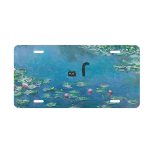 Black Cat Monet Painting Front License Plate, Funny Art Nouveau Vanity Plate, Cute Car Decor, Car Accessories