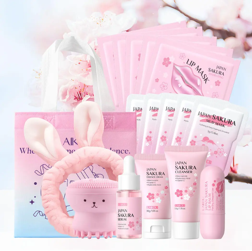 16/29pcs LAIKOU Sakura Skincare Set, Portable for Travelling, Moisturizing, Contain Sleeping Mask, Mud Mask, Moisturizing Cream, Serum, Cleanser, Hair Band, Cleansing Brus, Gift Bag, Ideal Birthday Gift for Friend, Mother