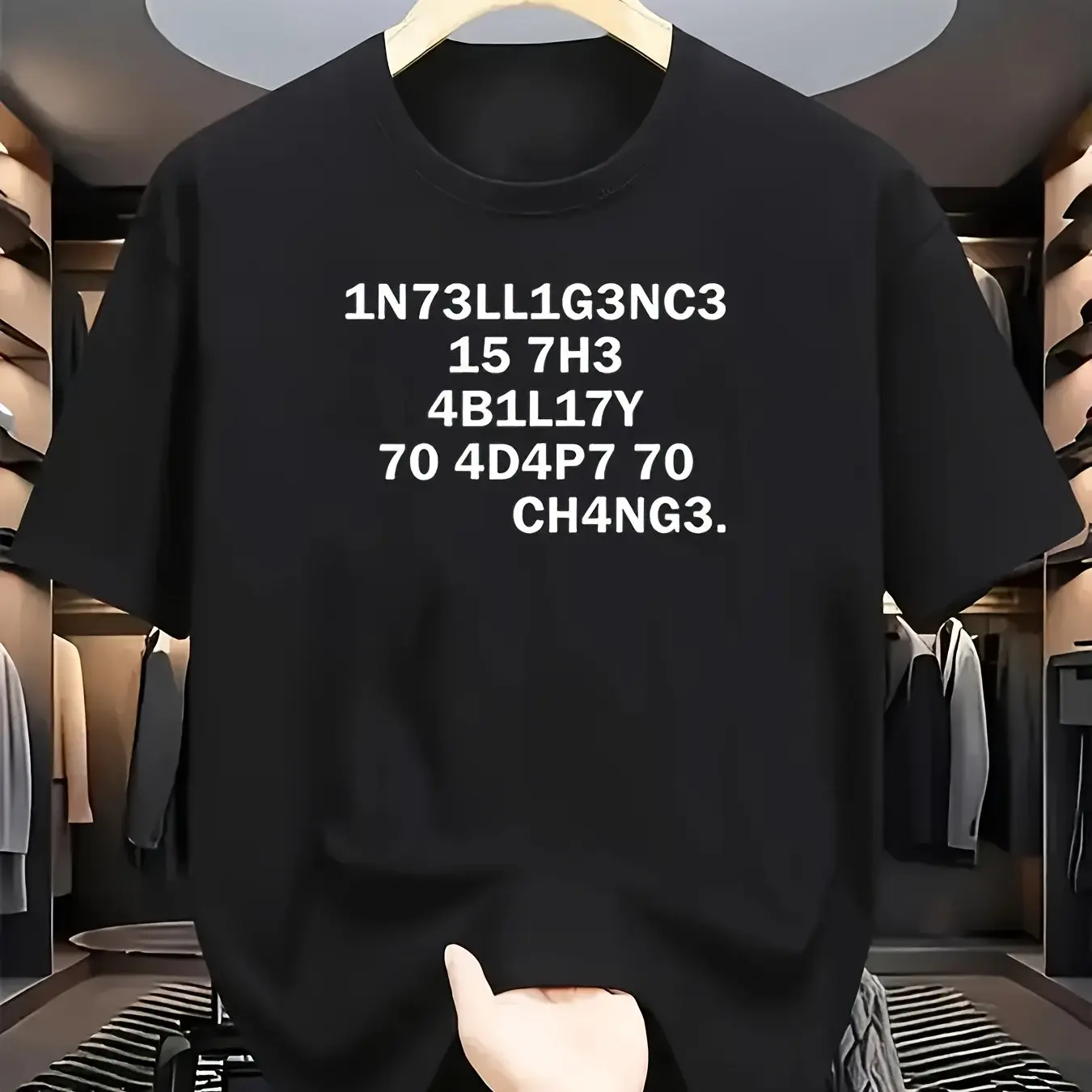 [Tech Code Style T-Shirt] Round Neck Short Sleeve T-Shirt with Tech Code Style Numeric and Alphabet Substitution Intelligence Is the Ability to Adapt to Change Text Print Design