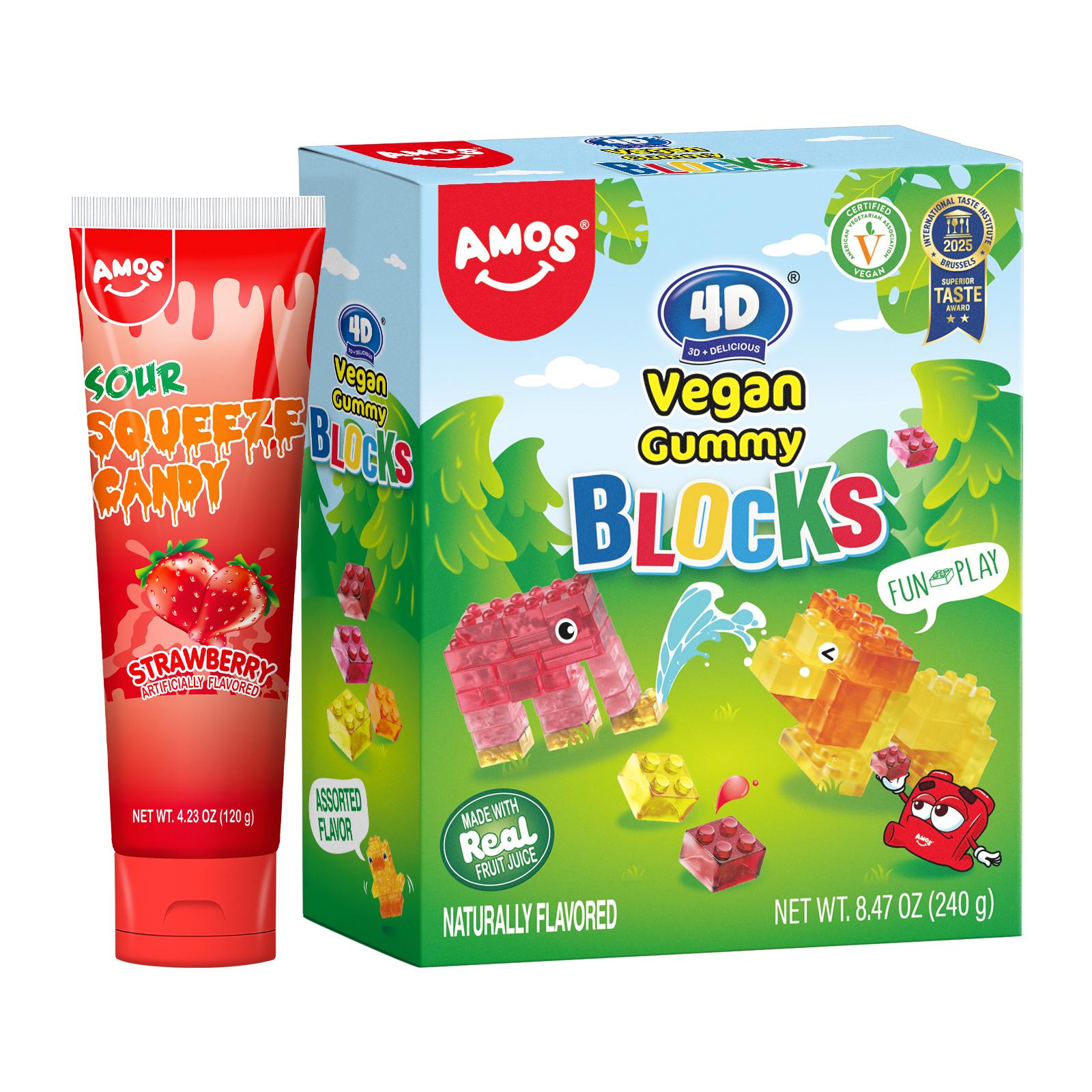 AMOS Sour Squeeze Candy – Blueberry / Strawberry / Apple – 4.23oz (120g) – Fun Squeezable Gel Candy for Kids – Artificially Flavored