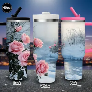 1 pc 40 oz Winter Wonderland Rose Tumbler with lid and straw, insulated travel mug, gift for women and men, ideal for Valentine’s Day, Easter, birthday gifts, iced/hot coffee cup
