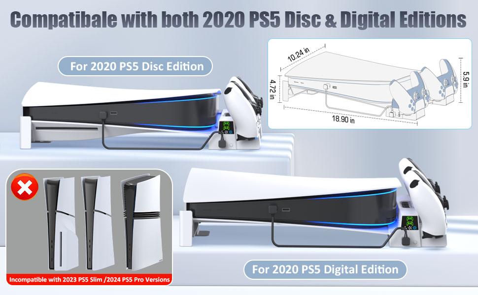PS5 Horizontal Stand and Cooling Station with 3-Level Cooling Fan, Dual PS5 Controller Charging Base for Playstation 5 Controller, PS5 Console Accessories