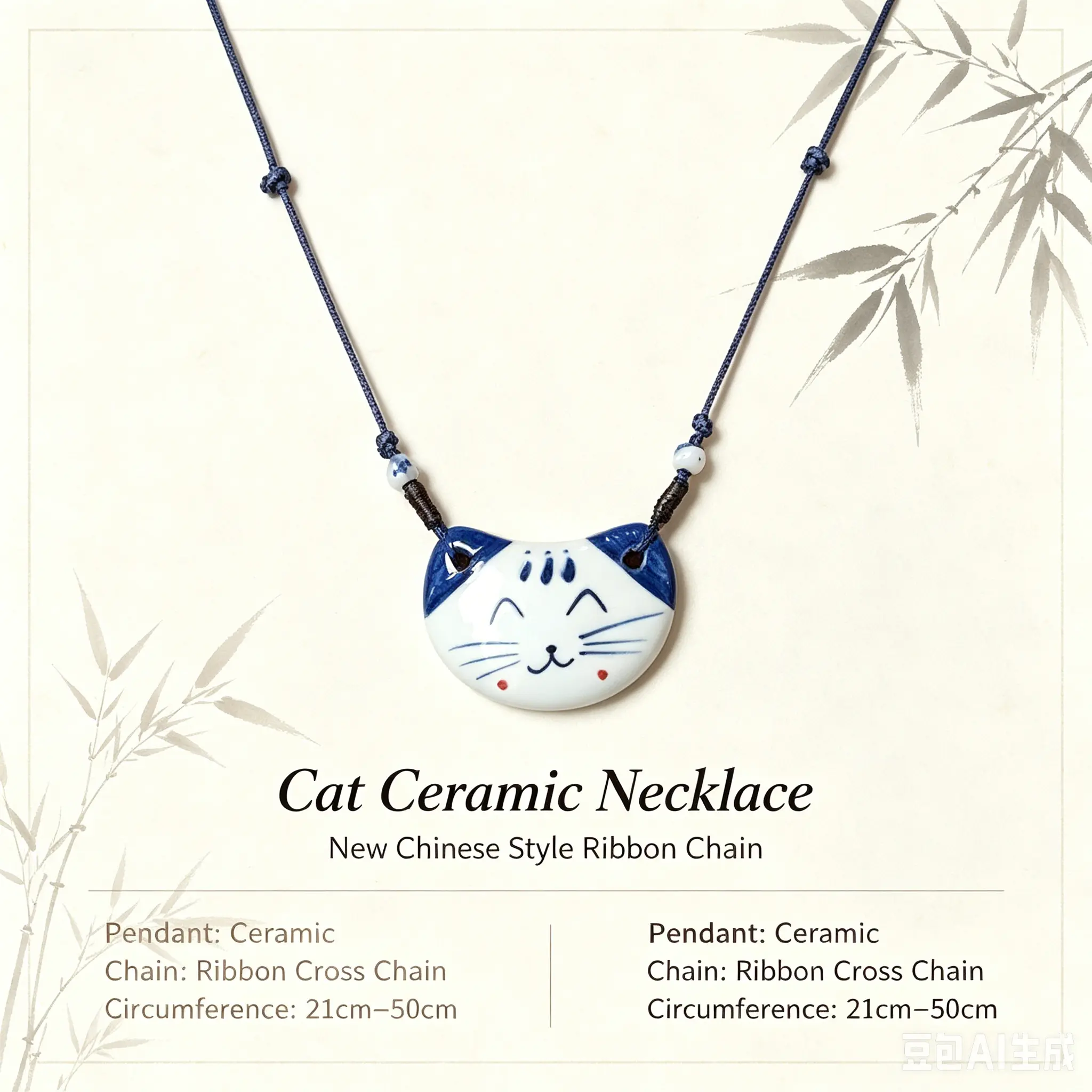 New Chinese-style blue-and-white porcelain cat pendant necklace for women, retro ethnic style ceramic collarbone chain with a light luxury, high-end feel