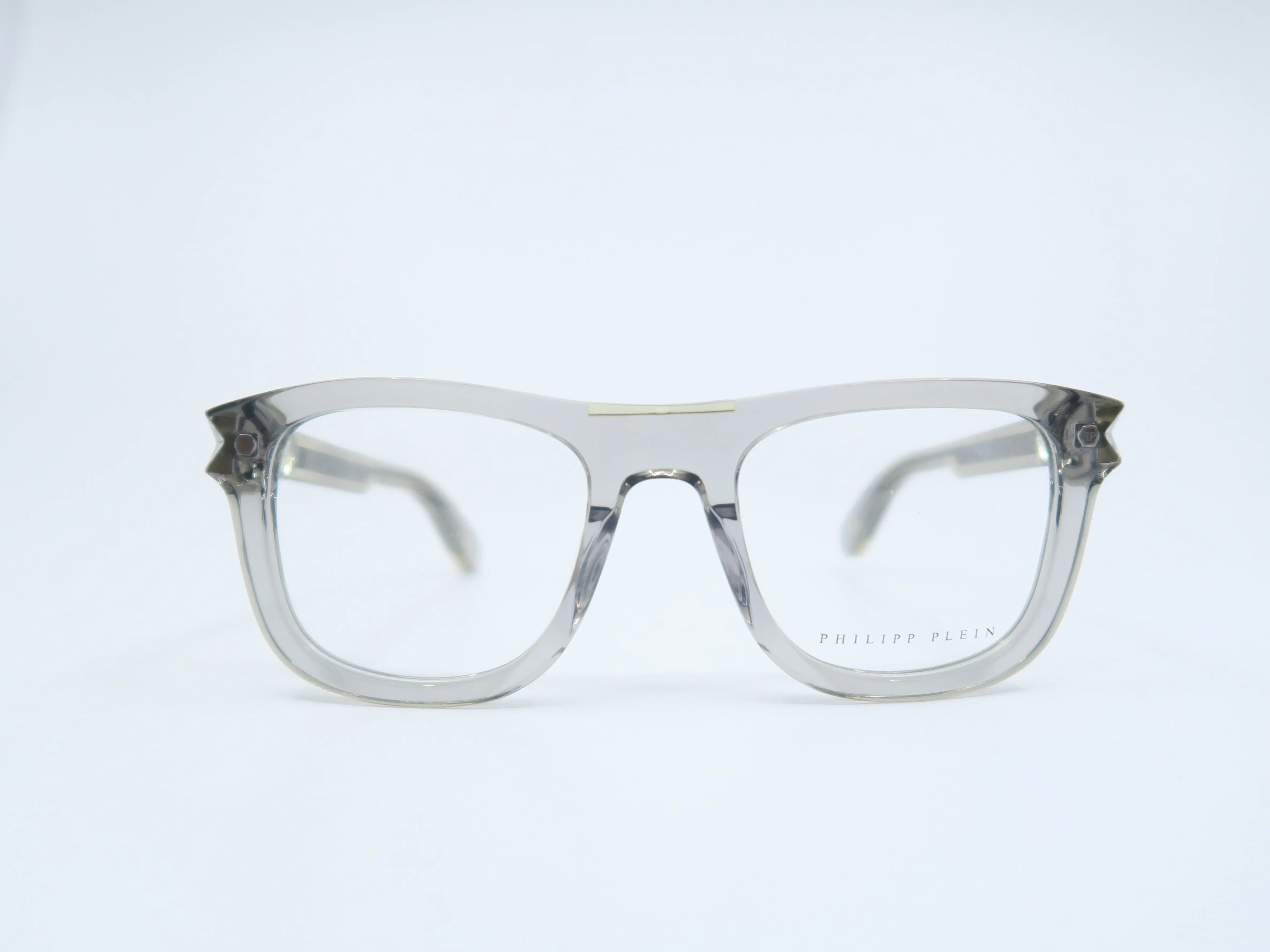 Philipp Plein AURA SPIRIT BERLIN VPP023V Col. O3GU Full Rim Acetate Eyeglasses Frames, Casual Daily Wear Style with Included Microfiber Cloth, Lightweight, P Inverted Logo, Silver P Inverted Logo, Transparent, Square, Unisex, Includes Cloth, Adults