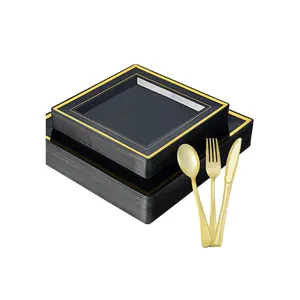 Black Gold Trim 125pc 25set Disposable Square Plates and Tableware Set: Dinner Plates,Dessert Plates,Knife,Forks,Fpoons-Perfect for Party Reusable |BPA Free