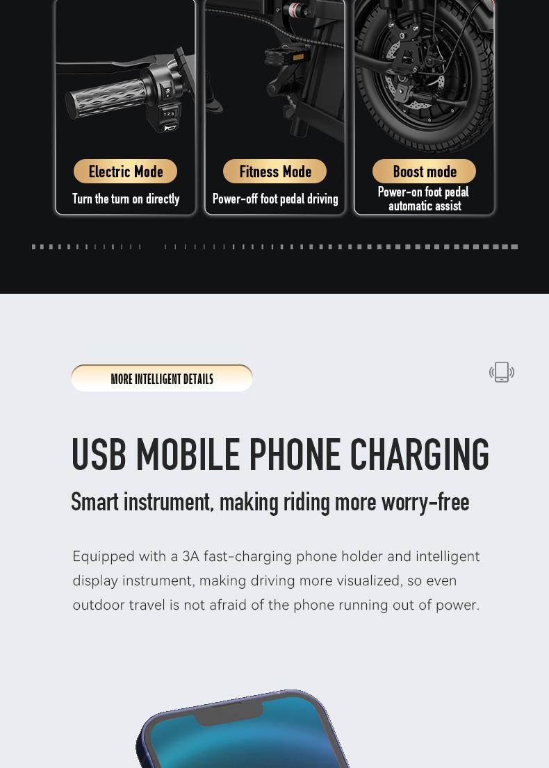 Electric Folding Bicycle 500W Motor 14-Inch Tires 48V 15Ah Battery 30-Mile Range Certified Shock Absorption Smart Urban Bike 1000W Peak Power 100KM Range Foldable with 16-Level Shock Absorption System Commuter Ebike Suspension Ebike - Brakes