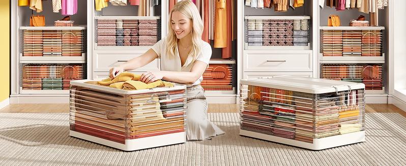 RaybeeFurniture Plastic Storage Bins with Lid, 1/2/3/4/5 Packs Collapsible Clear Storage Bins with Wheels, Stackable for Home Office, Kitchen&Outdoor Use