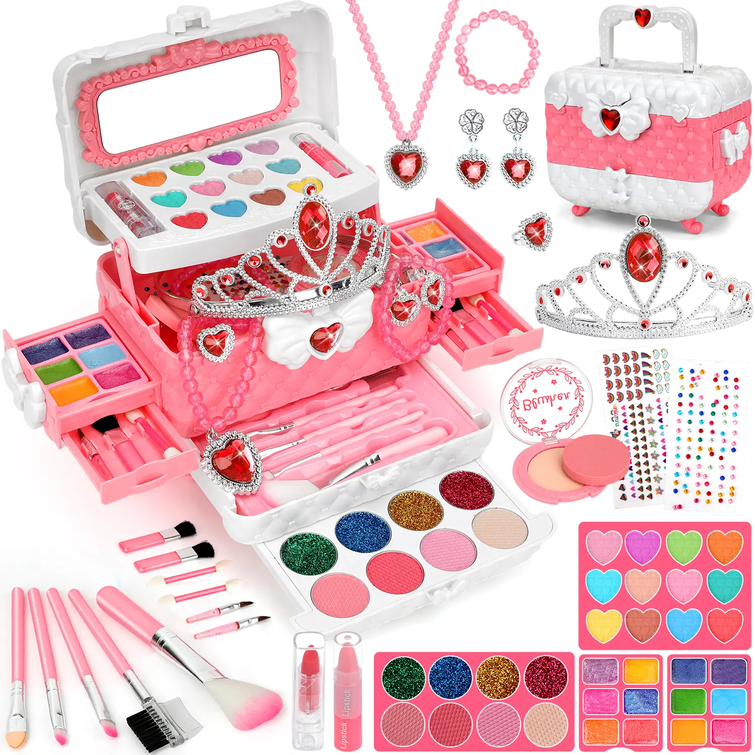 56 PCS Kids Real Makeup and Jewelry Set with Crown Necklace Ring - Washable Pretend Play Cosmetics Toy for Little Girls, Princess Dress Up Christmas Birthday Gifts for 3-12 Year Old