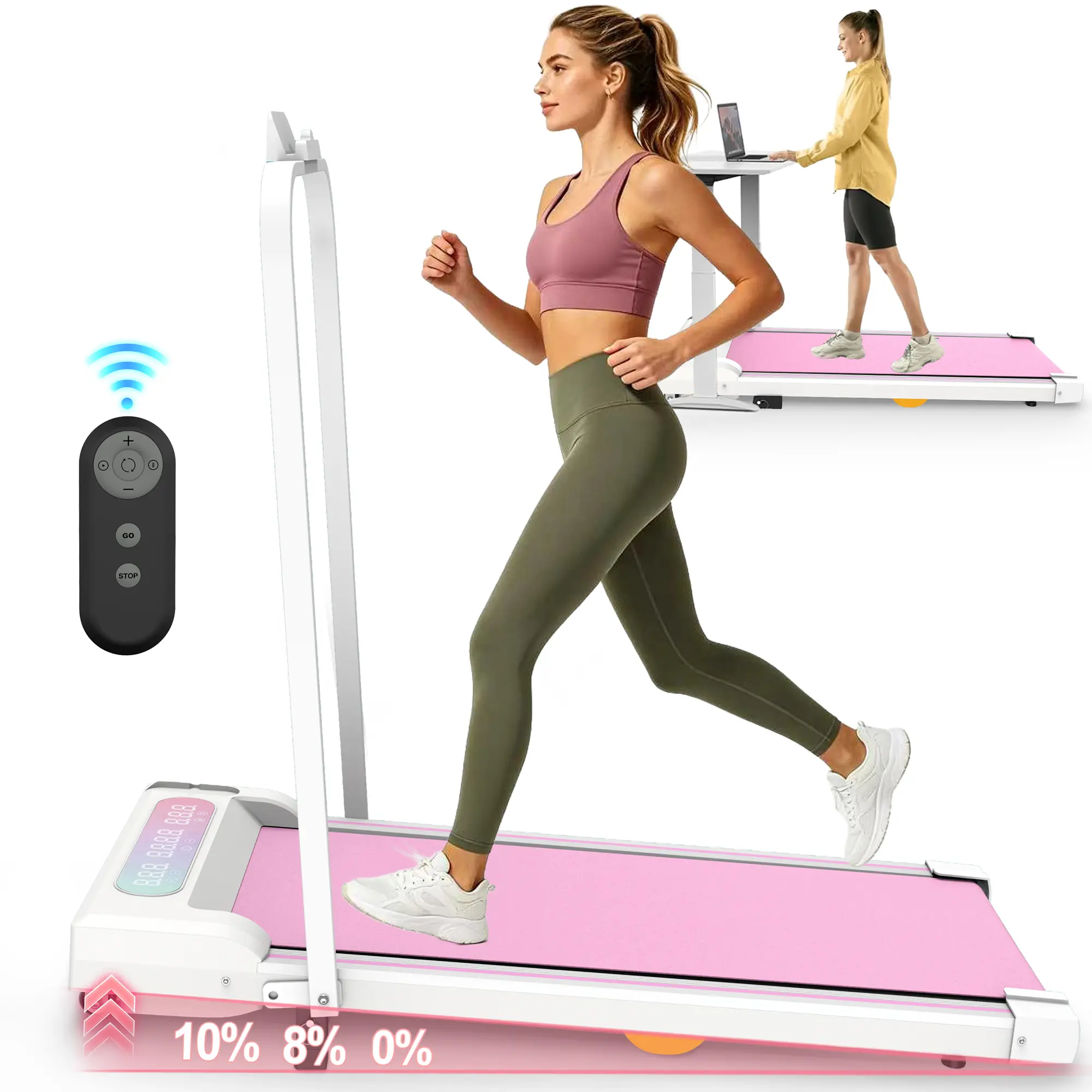 【KINMAC】Folding Treadmill Walking Pad with Slope Angle & Handrails, 2 in 1 Running Machine, Under Desk Walking Treadmill 10% Incline Treadmill Indoor Walking Mchine, Protable Walking Treadmills Running Pad for Home Office Pink