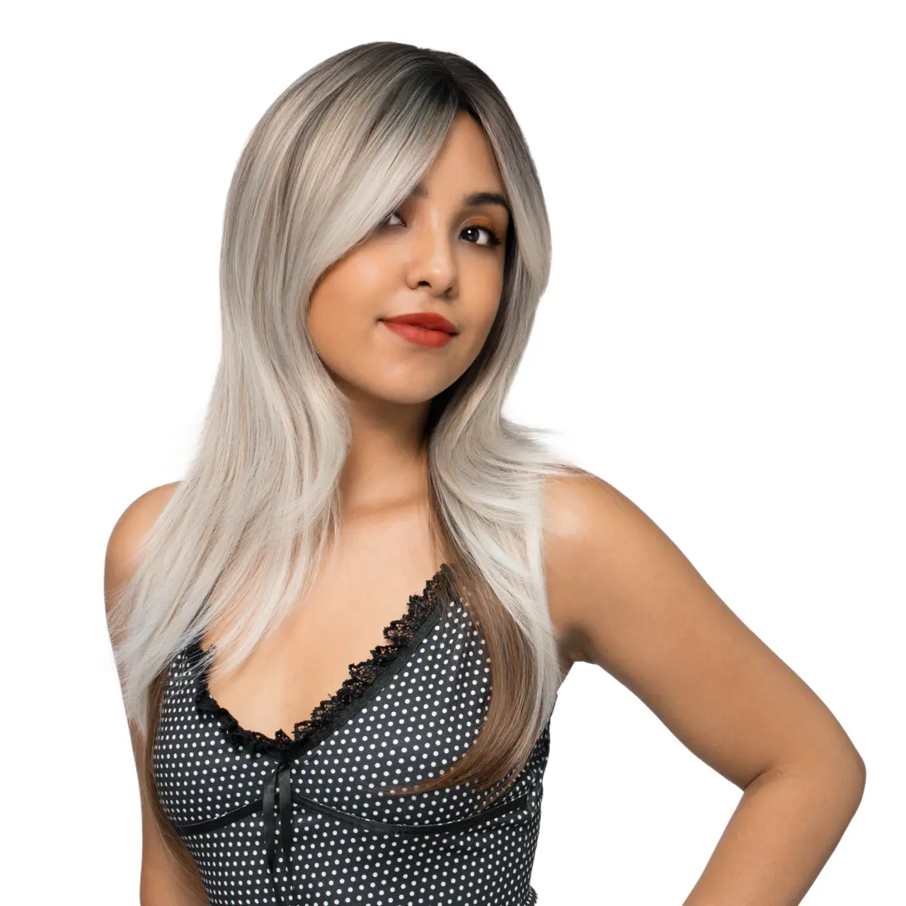 20-Inch Platinum Ash Blonde Ombre (Scorched Espresso Roots, Brown Underlights) Layered Edgy Butterfly Cut Synthetic Wig | 【Heat Resistant】【Cap Included】 | #31 52FSGA