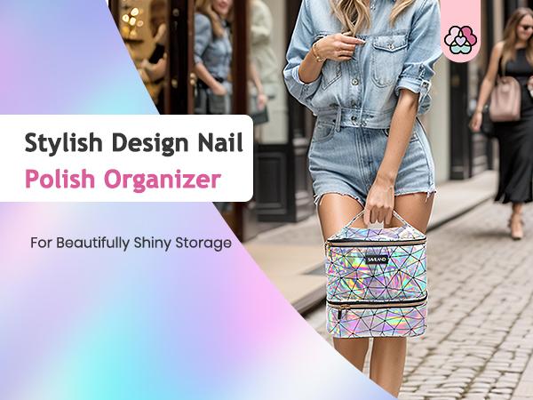 SAVILAND Nail Polish Organizer Bag: PU Leather Nail Storage Case Holds 30 Bottles & Nail Lamp, Holographic Nail Supply Organizer for Nail Polish Tools Nail Tech