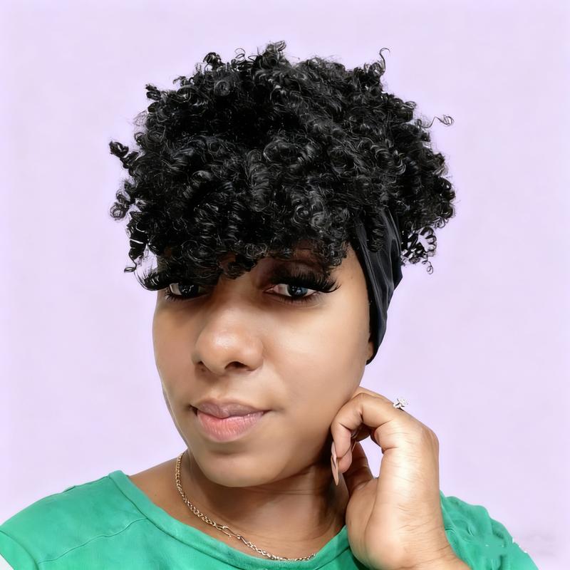 8inch Afro Headband Wig Kinky Curly Hair Wig with Bangs for Black Women Synthetic Turban Style Headband Wig Kinky Curly 2 in 1 Head Wrap With Headband Attached for Party Daily Use
