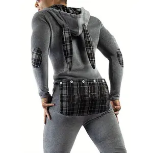 Casual Men Bodysuit, Long Sleeve Rabbit Ears Hooded Button Collar Long Trousers Openable Hip for Autumn Menswear Overalls