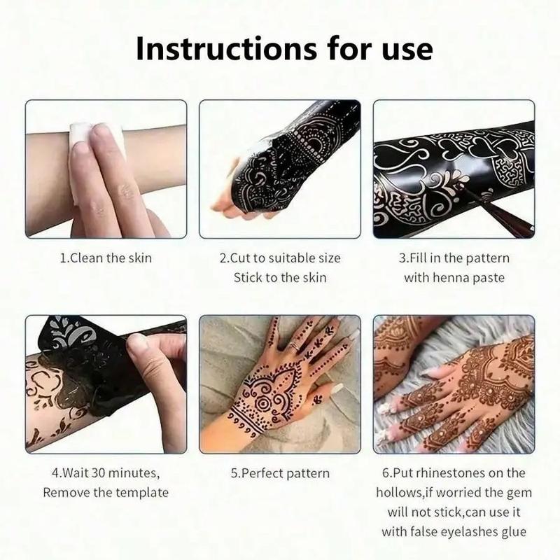 Henna Tattoo Paste Set, 3 Henna Pastes + 6 Temporary Tattoo Stencils, Waterproof Henna Tattoos for Body Art & Nail Designs
