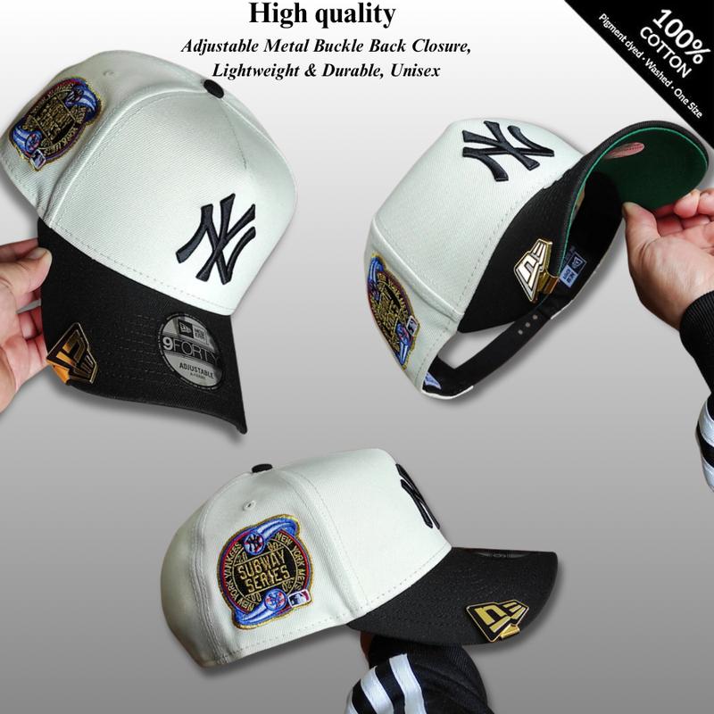 Cream Black New Era NY Yankees 9FORTY Baseball Cap, Subway Series Side Patch, Adjustable Metal Buckle Back Closure, 100% Cotton Lightweight, Streetwear Unisex, yankees fitted hat