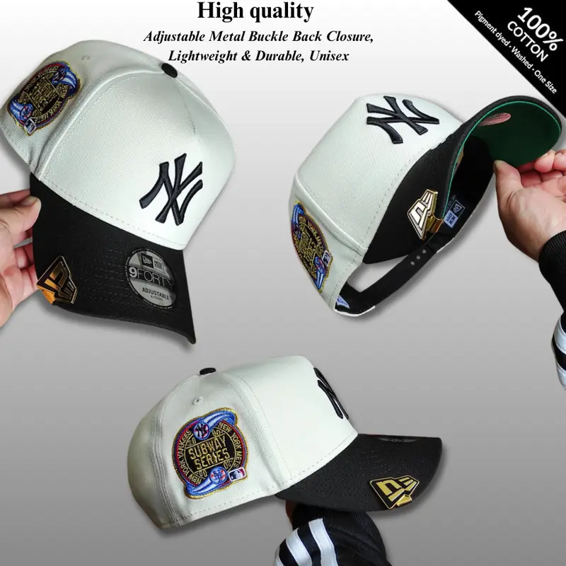 Cream Black New Era NY Yankees 9FORTY Baseball Cap, Subway Series Side Patch, Adjustable Metal Buckle Back Closure, 100% Cotton Lightweight, Streetwear Unisex, yankees fitted hat