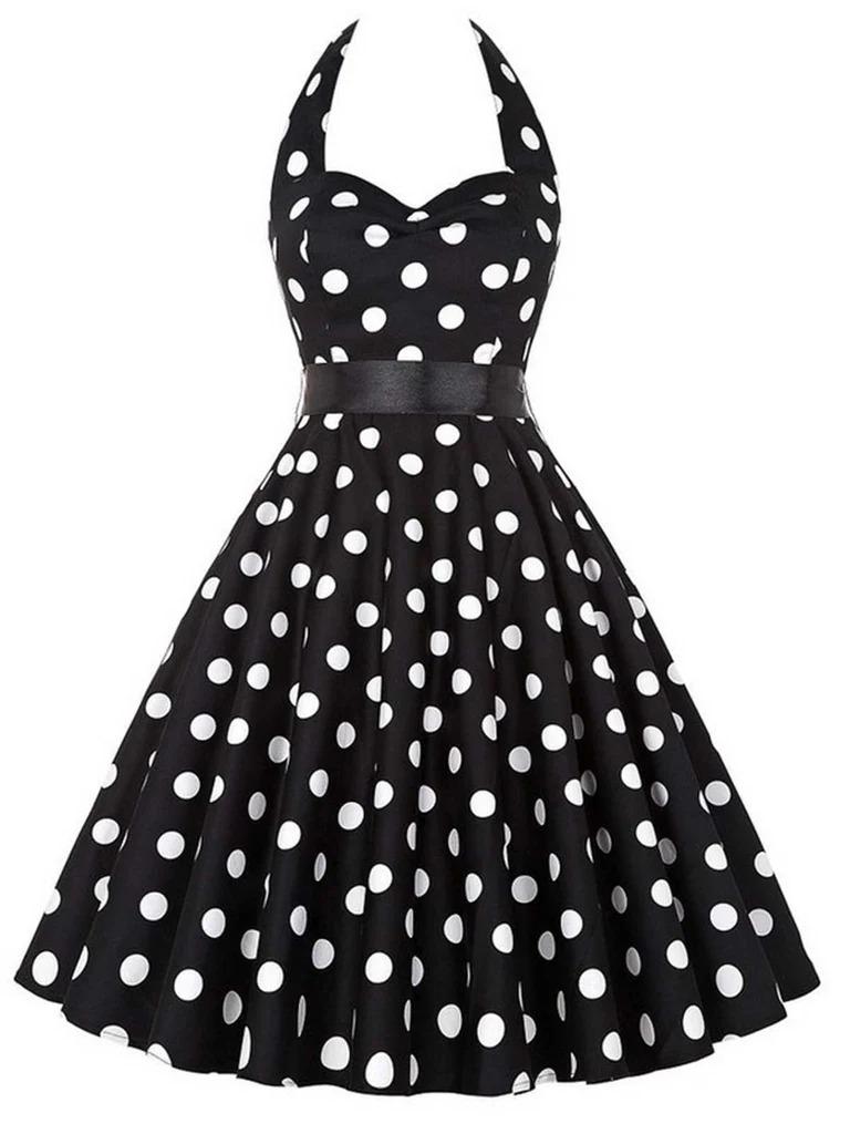 Retro Stage 1950s Vintage Polka Dot Halter Dress for Women A-line Silhouette valentine's Day with Bow Detail & Flared Skirt Casual Everyday Wear