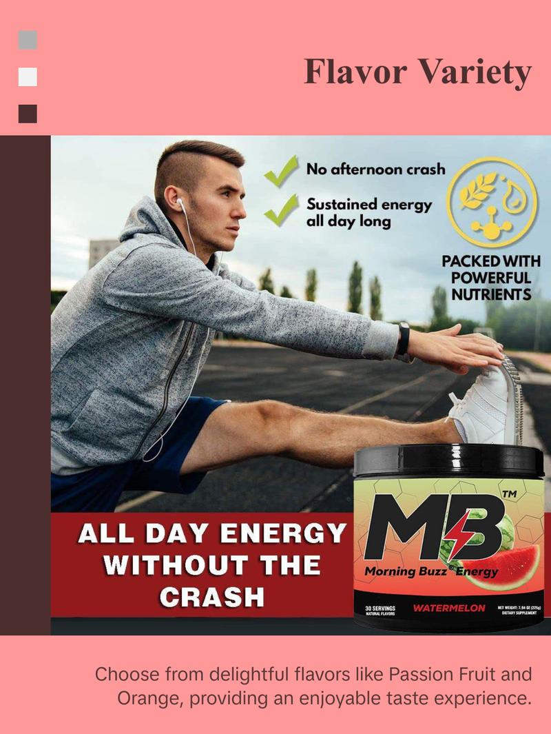 Morning Buzz Energy Powder Drink - Energy Boost Drink Mix - Sugar-Free Energy with Antioxidants - Morning Kickstart and Sports Nutrition Endurance Product - 30 Servings, Watermelon, 8 Ounces
