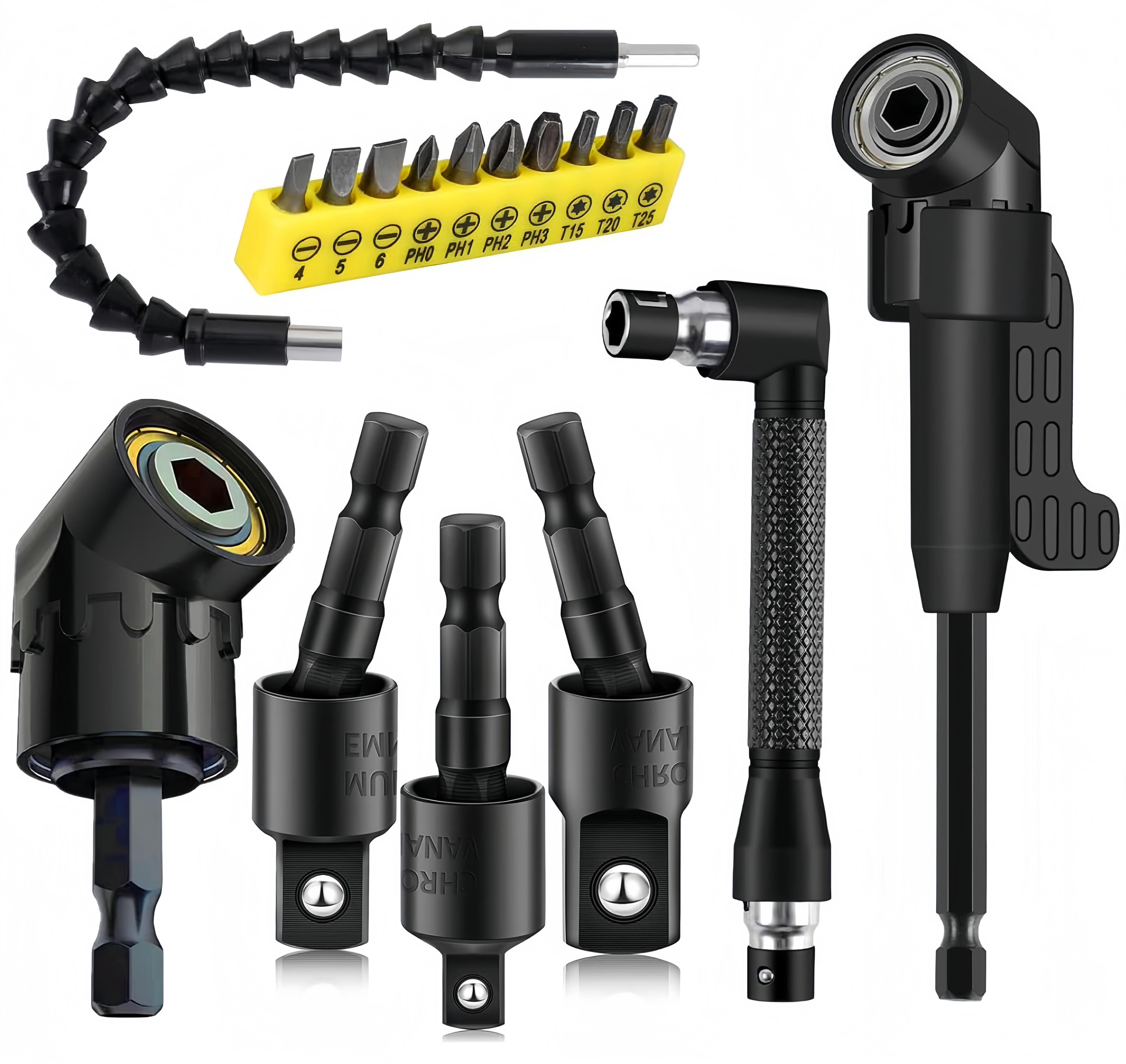 Right-Angle Drill Bit Accessory Set(6pcs), Including 3x 360° Rotatable 1/4", 3/8" & 1/2" Impact-Grade Socket Adapters, 2x 105° Hex Shank Angle Adapters & 90° Right-Angle Drill Bit, Heavy-Duty Tool Kit