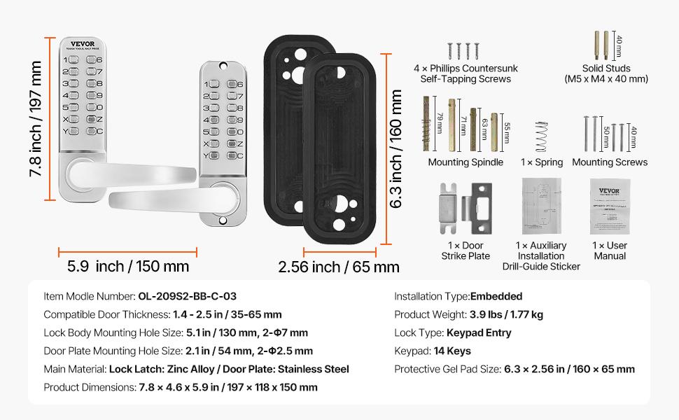 VEVOR Mechanical Keyless Entry Door Lock, 14 Key Mechanical Door Lock, Mechanical Keypad Door Lock with Handle, Double-Sided Stainless Steel Waterproof Keyless Gate Lock, for Home Office Yard, Sliver