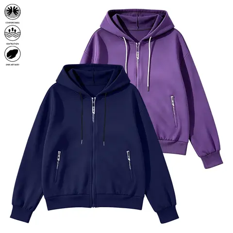 2-pack women’s casual hooded sweatshirts, solid color, zipper design, suitable for everyday wear and casual sports; autumn women’s apparel, women’s tops