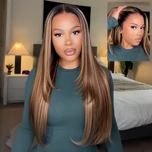 Arabella Hair Ombre Highlight Honey Blonde 13x6 Ear to Ear Glueless Lace Front Wig Dark Roots 3-Step No Glue Installation 100% Human Hair Silky Straight