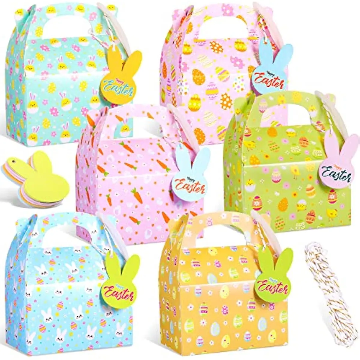 24 Pcs Easter Treat Boxes Paper Easter Gift Box Colorful Party Favor Gable Boxes Candy Cake Cookie Holder with Handle 24 Bunny Tags 16.4 Ft Cotton String for Holiday (Cute Style)